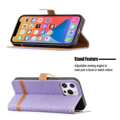 Color Splicing Jeans Cloth Coated PU Leather Phone Case Cover with Wallet Stand for iPhone 13 Pro