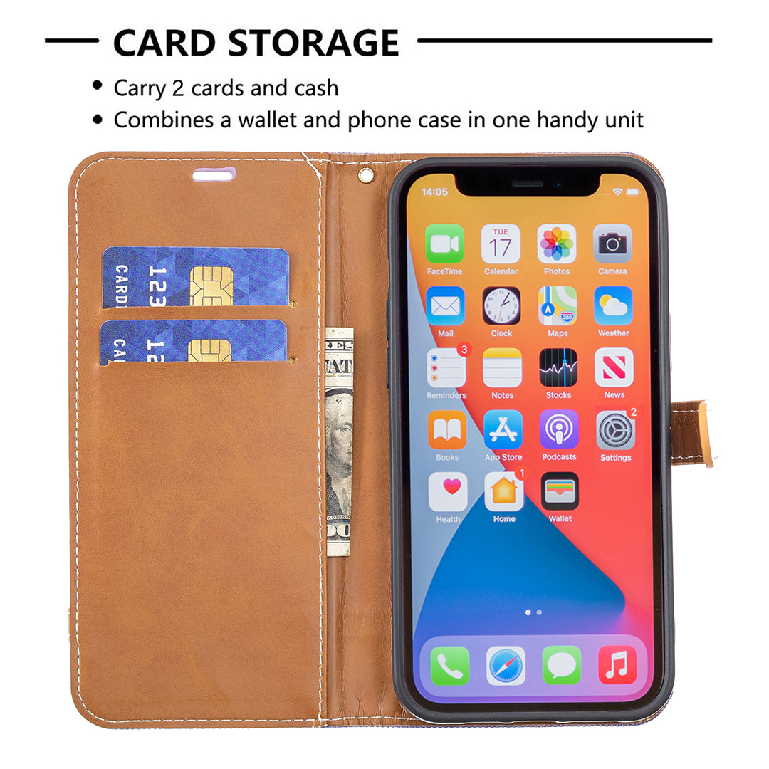 Color Splicing Jeans Cloth Coated PU Leather Phone Case Cover with Wallet Stand for iPhone 13 Pro