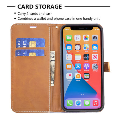 Color Splicing Jeans Cloth Coated PU Leather Phone Case Cover with Wallet Stand for iPhone 13 Pro