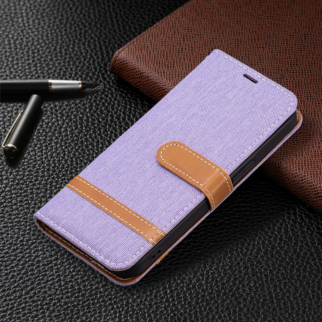 Color Splicing Jeans Cloth Coated PU Leather Phone Case Cover with Wallet Stand for iPhone 13 Pro
