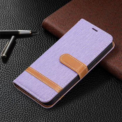 Color Splicing Jeans Cloth Coated PU Leather Phone Case Cover with Wallet Stand for iPhone 13 Pro