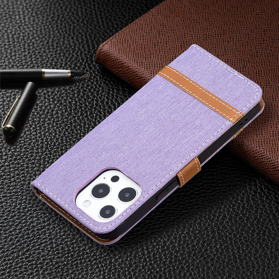 Color Splicing Jeans Cloth Coated PU Leather Phone Case Cover with Wallet Stand for iPhone 13 Pro