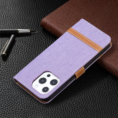 Color Splicing Jeans Cloth Coated PU Leather Phone Case Cover with Wallet Stand for iPhone 13 Pro