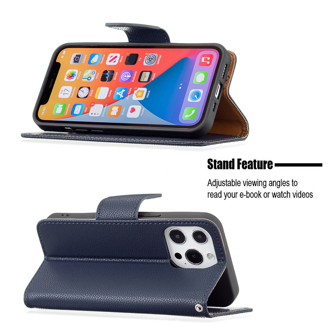 Full Cover Litchi Grain Magnetic Closure Leather Wallet Phone Case for iPhone 13 Pro