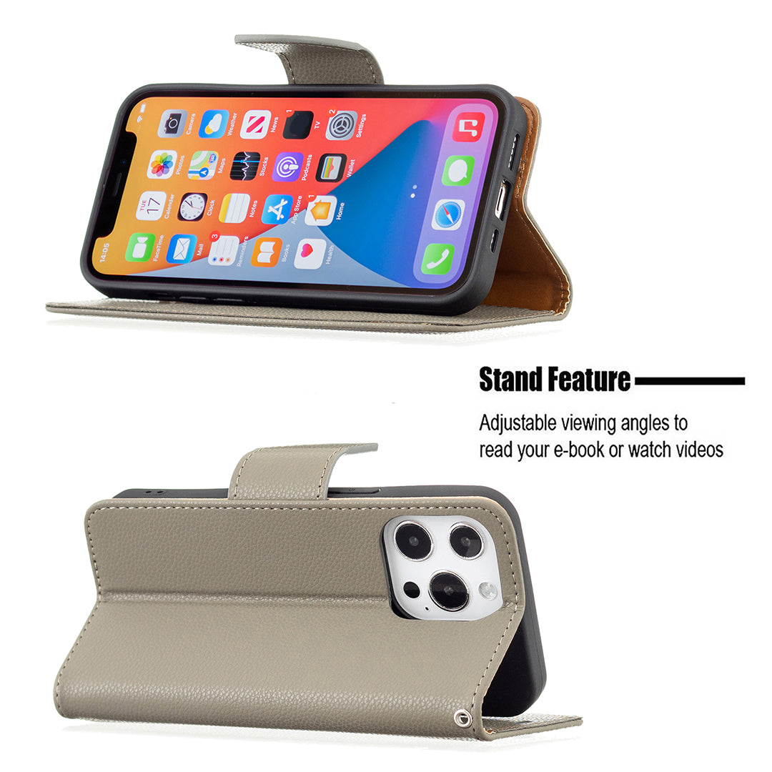 Full Cover Litchi Grain Magnetic Closure Leather Wallet Phone Case for iPhone 13 Pro