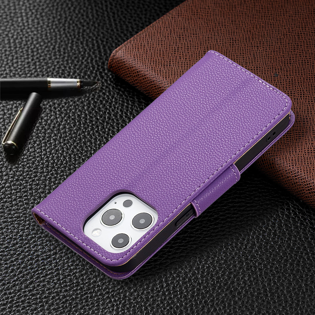 Full Cover Litchi Grain Magnetic Closure Leather Wallet Phone Case for iPhone 13 Pro