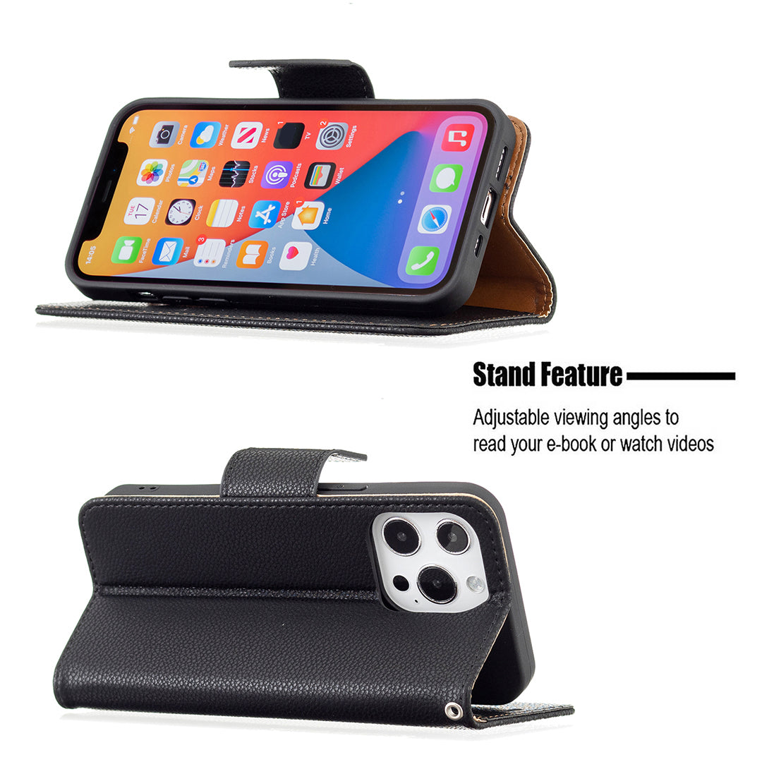 Full Cover Litchi Grain Magnetic Closure Leather Wallet Phone Case for iPhone 13 Pro