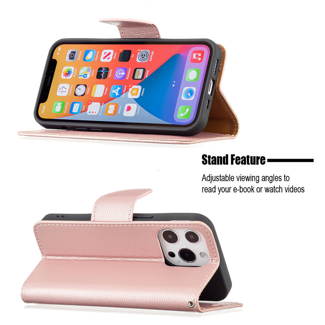 Full Cover Litchi Grain Magnetic Closure Leather Wallet Phone Case for iPhone 13 Pro