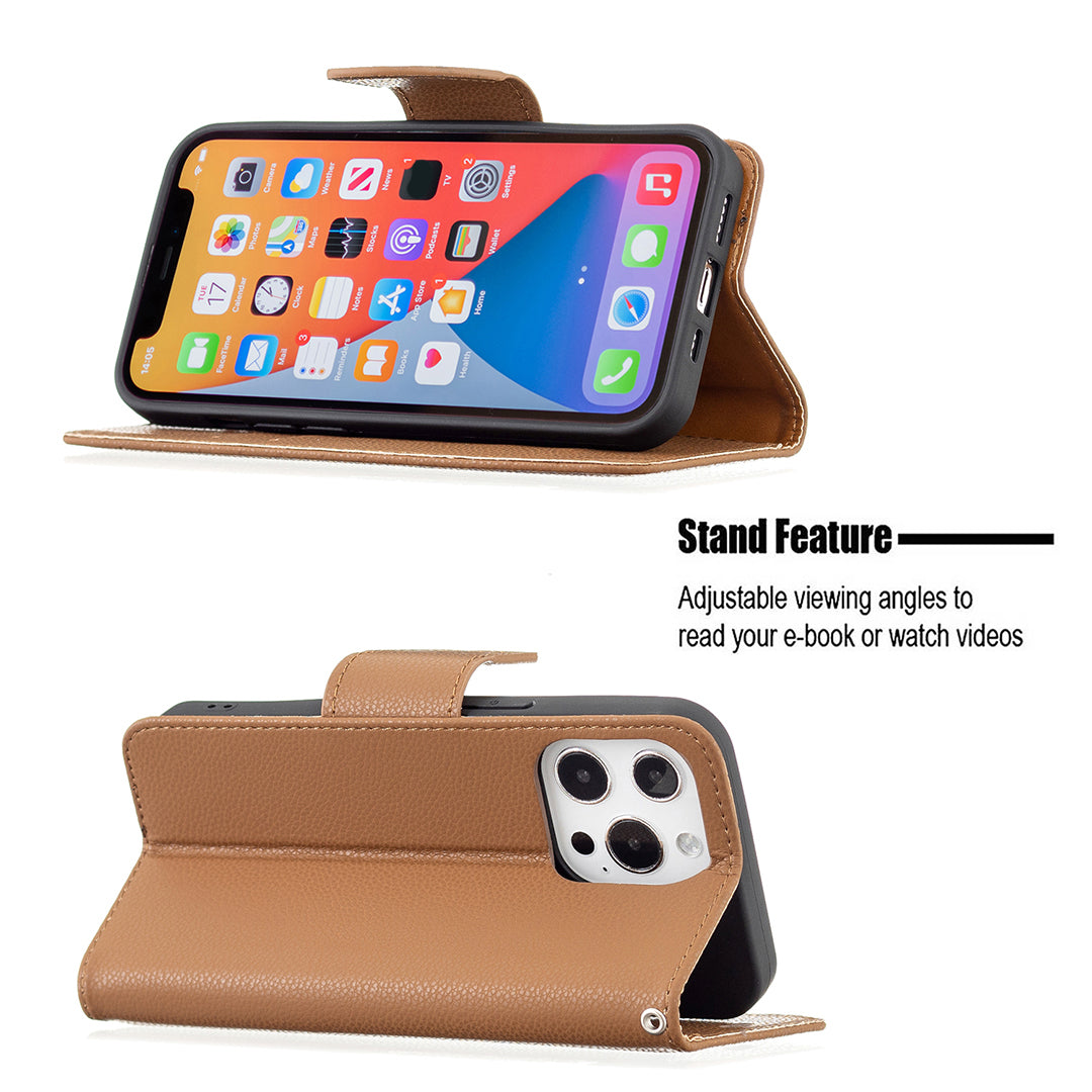 Full Cover Litchi Grain Magnetic Closure Leather Wallet Phone Case for iPhone 13 Pro