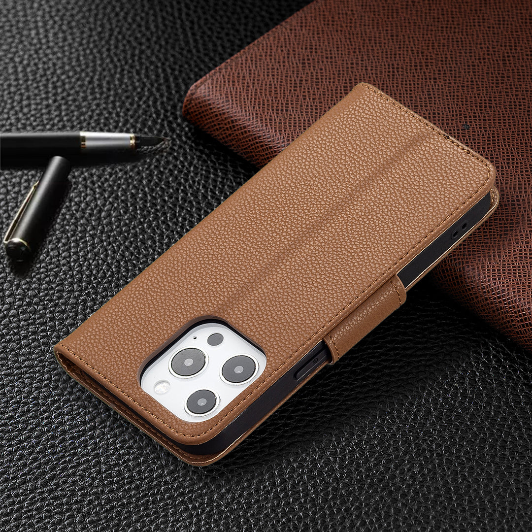 Full Cover Litchi Grain Magnetic Closure Leather Wallet Phone Case for iPhone 13 Pro