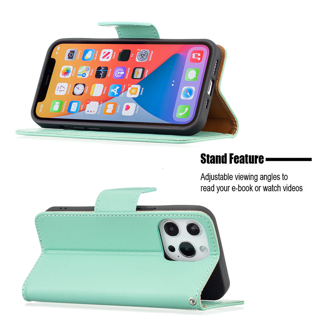 Full Cover Litchi Grain Magnetic Closure Leather Wallet Phone Case for iPhone 13 Pro
