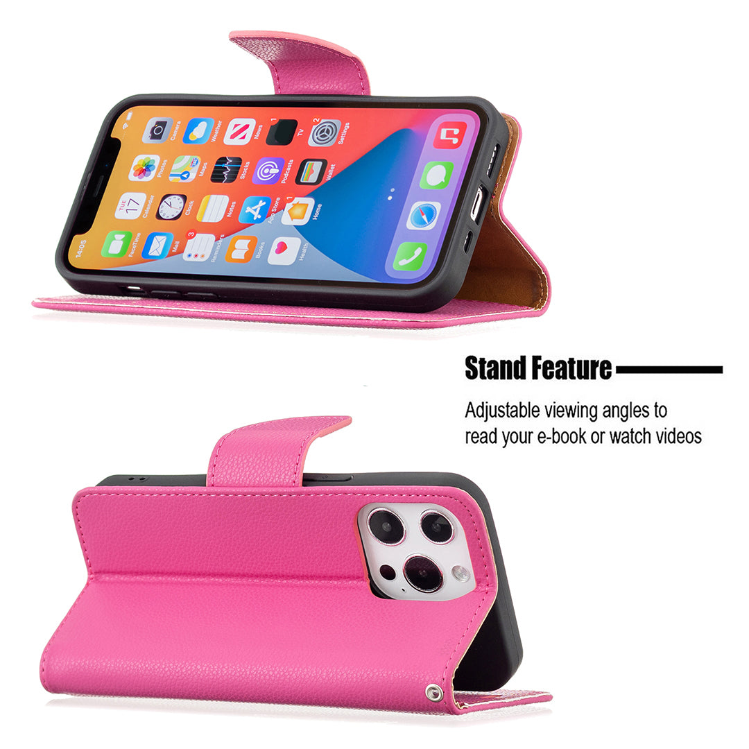 Full Cover Litchi Grain Magnetic Closure Leather Wallet Phone Case for iPhone 13 Pro