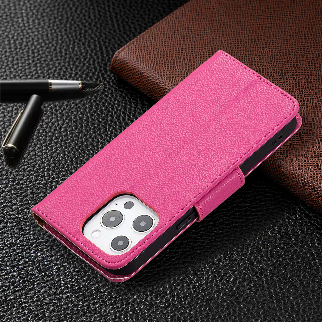 Full Cover Litchi Grain Magnetic Closure Leather Wallet Phone Case for iPhone 13 Pro