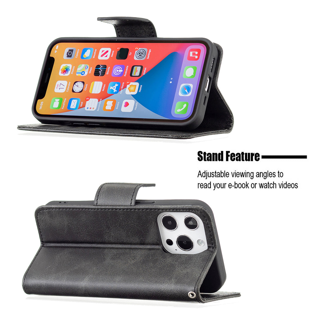 Solid Color PU Leather Wallet Cell Phone Case Shell with Stand for iPhone 13 Pro