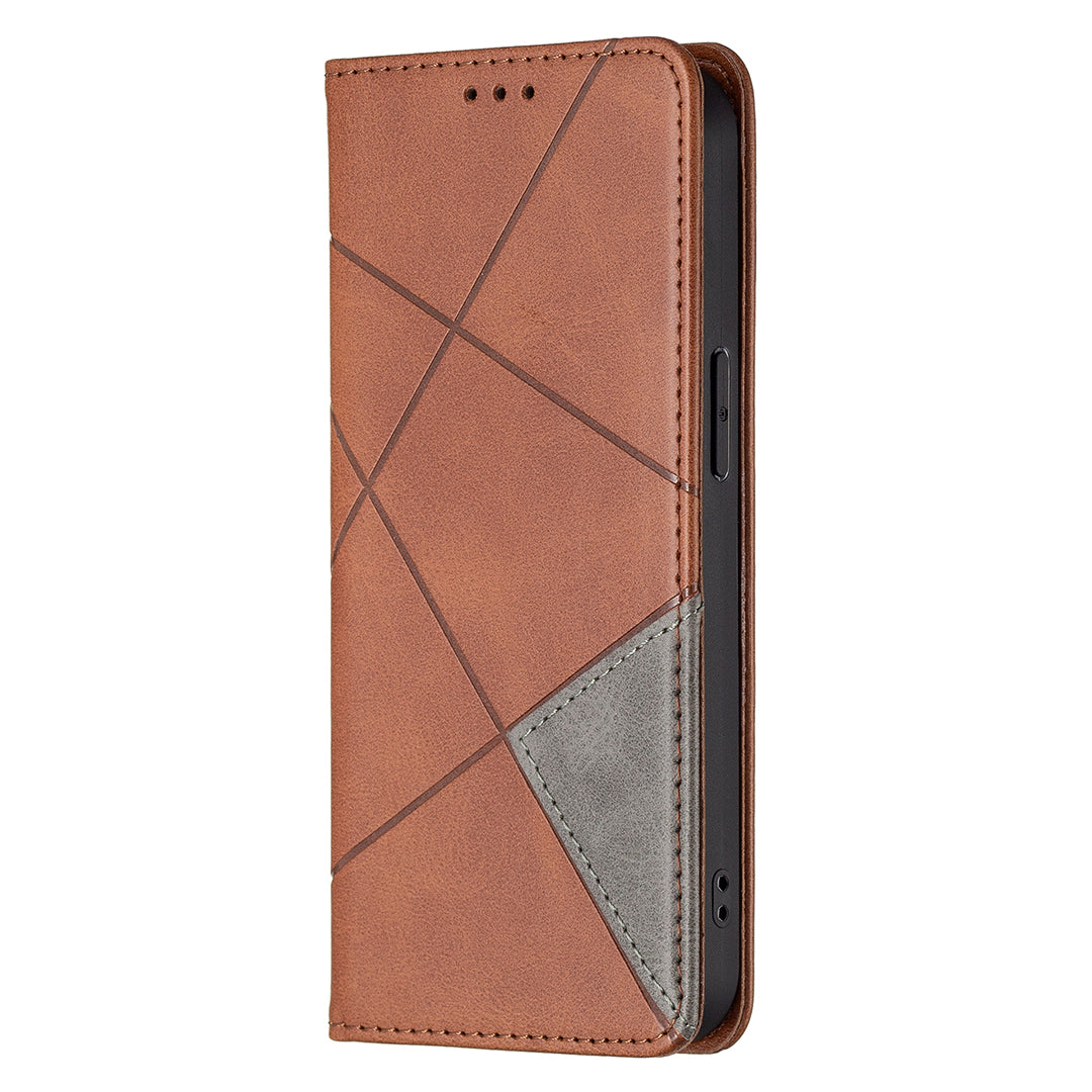 For iPhone 13 Pro 6.1 inch Strong Magnet Geometric Splicing Pattern Leather Case Card Holder Shell with Stand