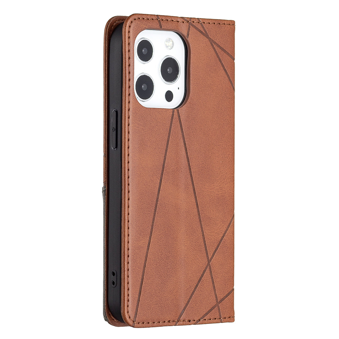 For iPhone 13 Pro 6.1 inch Strong Magnet Geometric Splicing Pattern Leather Case Card Holder Shell with Stand