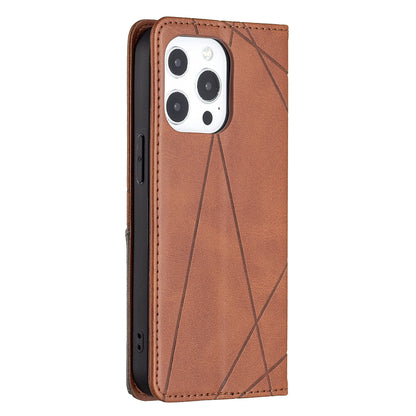 For iPhone 13 Pro 6.1 inch Strong Magnet Geometric Splicing Pattern Leather Case Card Holder Shell with Stand