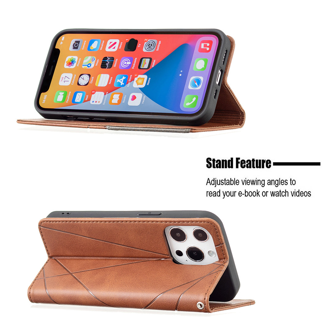 For iPhone 13 Pro 6.1 inch Strong Magnet Geometric Splicing Pattern Leather Case Card Holder Shell with Stand