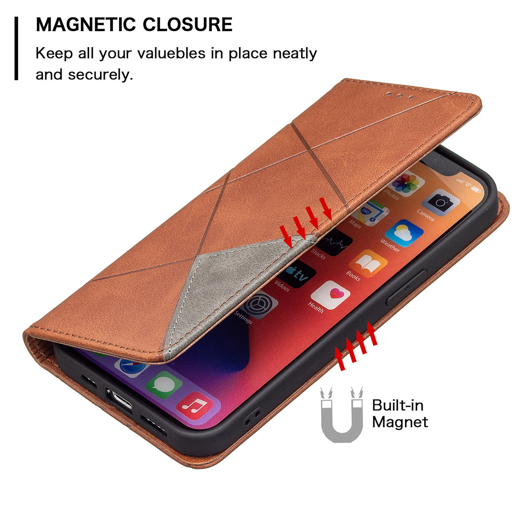 For iPhone 13 Pro 6.1 inch Strong Magnet Geometric Splicing Pattern Leather Case Card Holder Shell with Stand