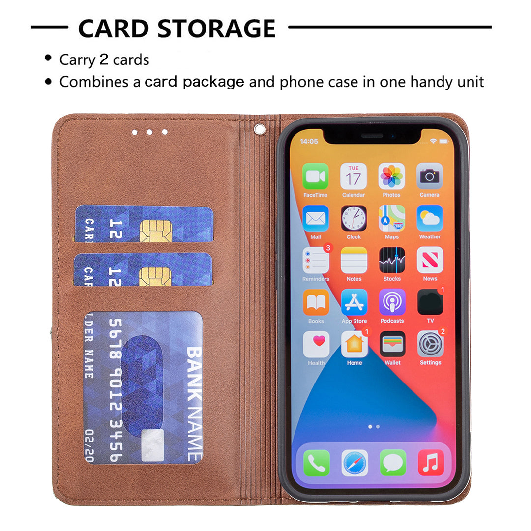 For iPhone 13 Pro 6.1 inch Strong Magnet Geometric Splicing Pattern Leather Case Card Holder Shell with Stand