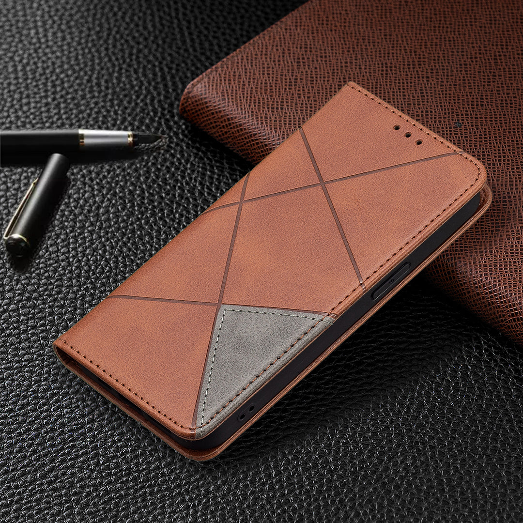 For iPhone 13 Pro 6.1 inch Strong Magnet Geometric Splicing Pattern Leather Case Card Holder Shell with Stand