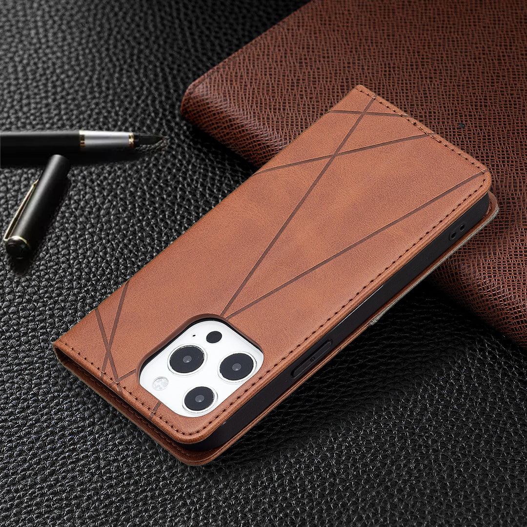 For iPhone 13 Pro 6.1 inch Strong Magnet Geometric Splicing Pattern Leather Case Card Holder Shell with Stand