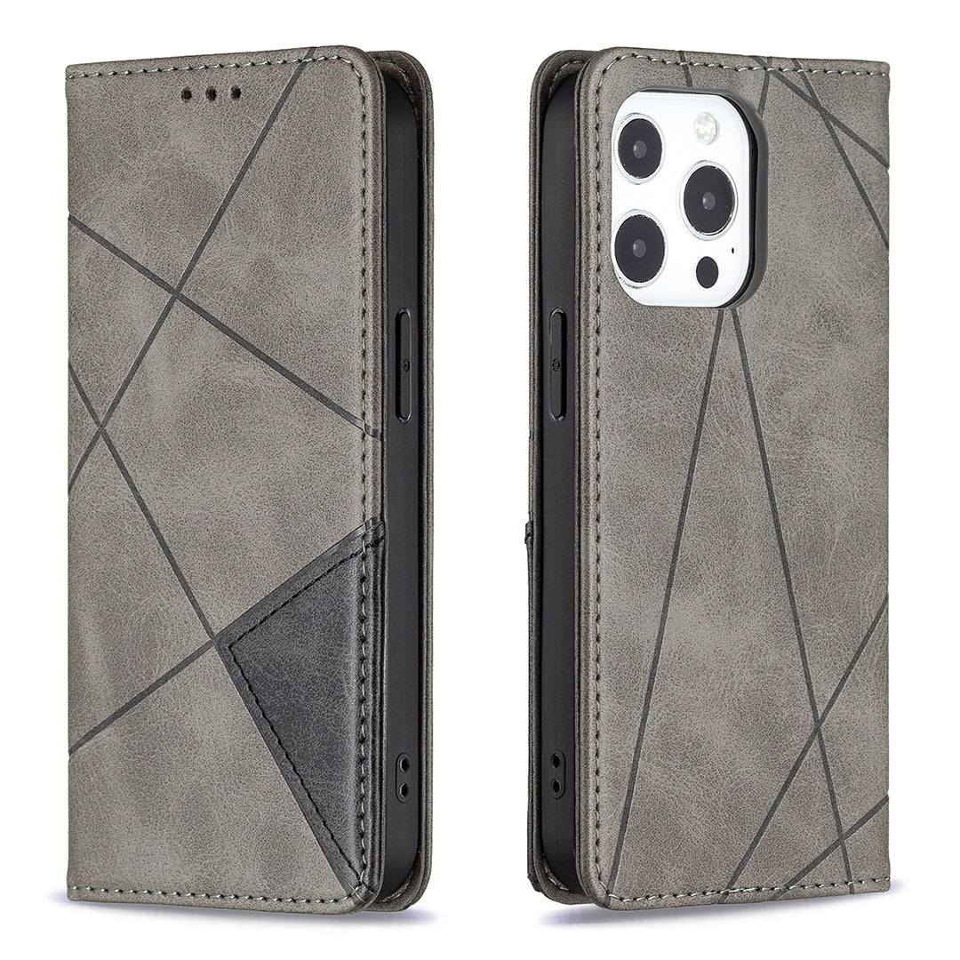 For iPhone 13 Pro 6.1 inch Strong Magnet Geometric Splicing Pattern Leather Case Card Holder Shell with Stand