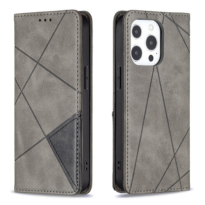 For iPhone 13 Pro 6.1 inch Strong Magnet Geometric Splicing Pattern Leather Case Card Holder Shell with Stand