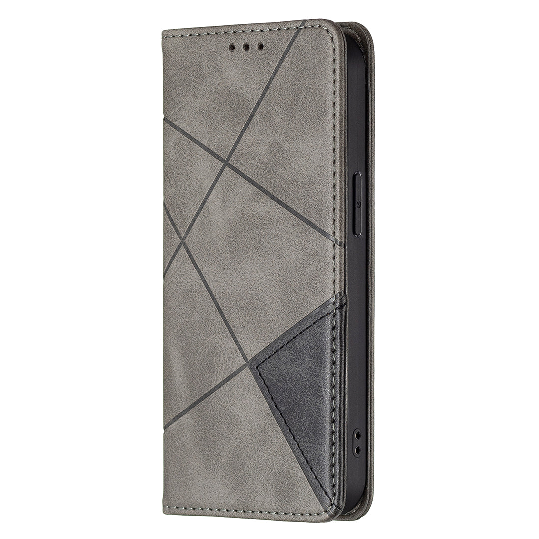For iPhone 13 Pro 6.1 inch Strong Magnet Geometric Splicing Pattern Leather Case Card Holder Shell with Stand