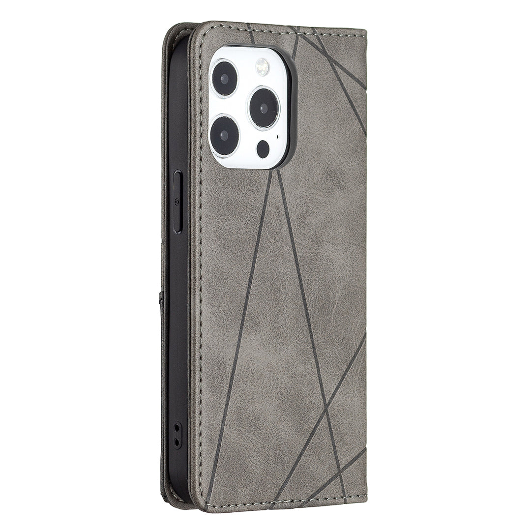 For iPhone 13 Pro 6.1 inch Strong Magnet Geometric Splicing Pattern Leather Case Card Holder Shell with Stand