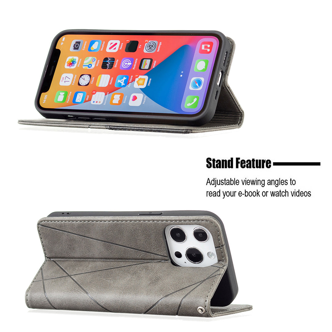 For iPhone 13 Pro 6.1 inch Strong Magnet Geometric Splicing Pattern Leather Case Card Holder Shell with Stand