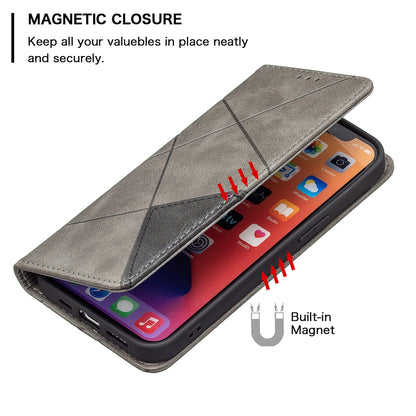 For iPhone 13 Pro 6.1 inch Strong Magnet Geometric Splicing Pattern Leather Case Card Holder Shell with Stand