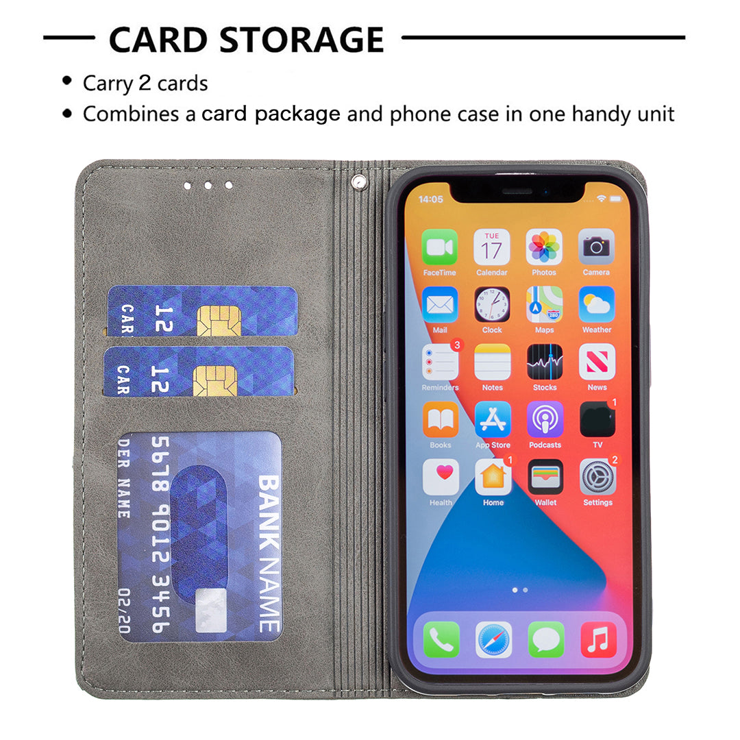 For iPhone 13 Pro 6.1 inch Strong Magnet Geometric Splicing Pattern Leather Case Card Holder Shell with Stand