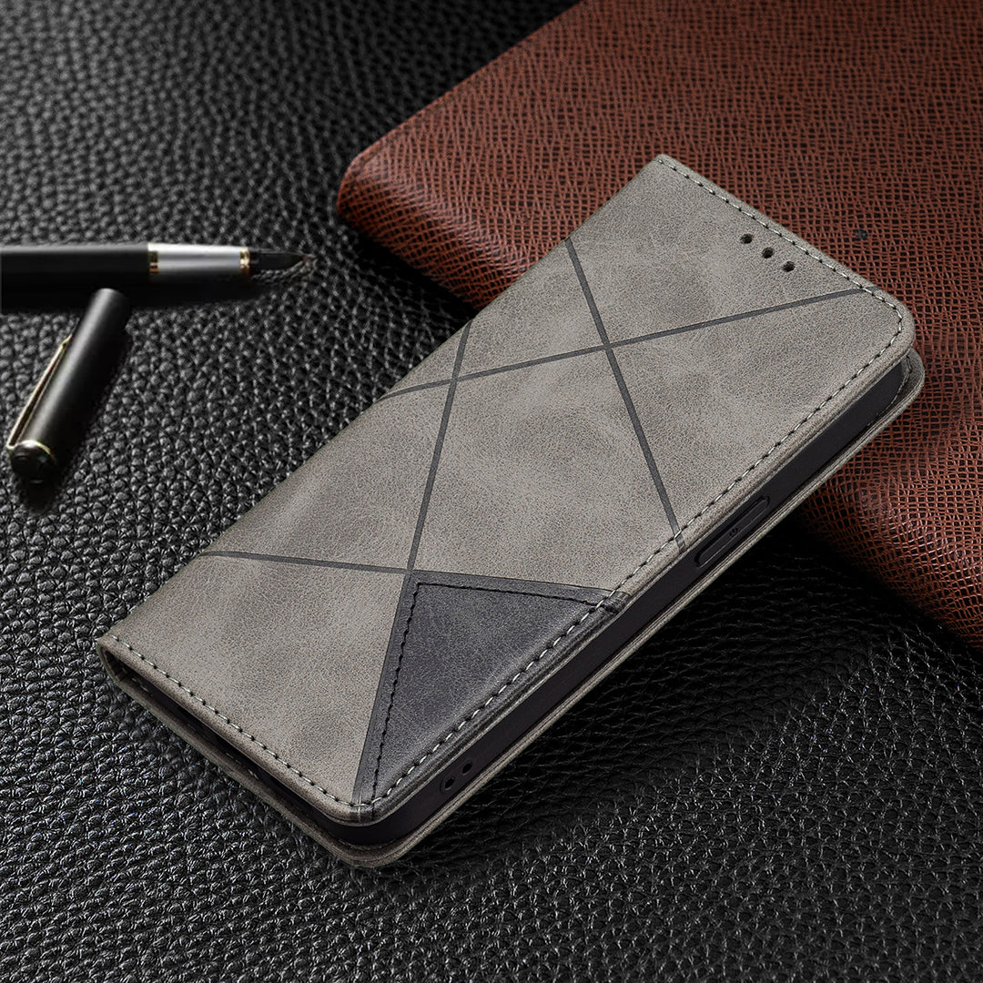 For iPhone 13 Pro 6.1 inch Strong Magnet Geometric Splicing Pattern Leather Case Card Holder Shell with Stand