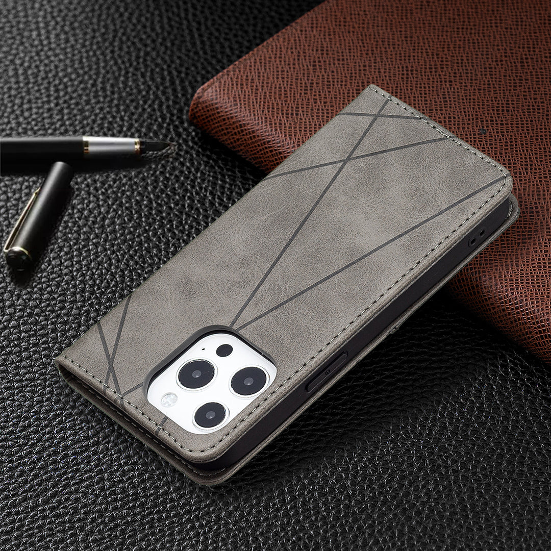 For iPhone 13 Pro 6.1 inch Strong Magnet Geometric Splicing Pattern Leather Case Card Holder Shell with Stand
