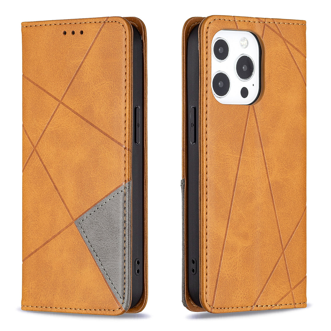 For iPhone 13 Pro 6.1 inch Strong Magnet Geometric Splicing Pattern Leather Case Card Holder Shell with Stand