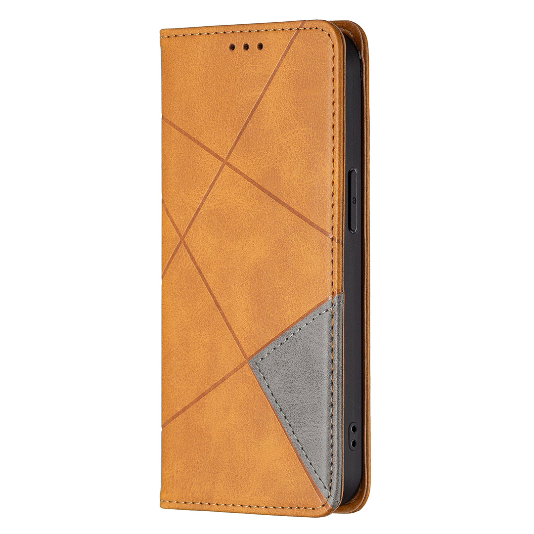 For iPhone 13 Pro 6.1 inch Strong Magnet Geometric Splicing Pattern Leather Case Card Holder Shell with Stand