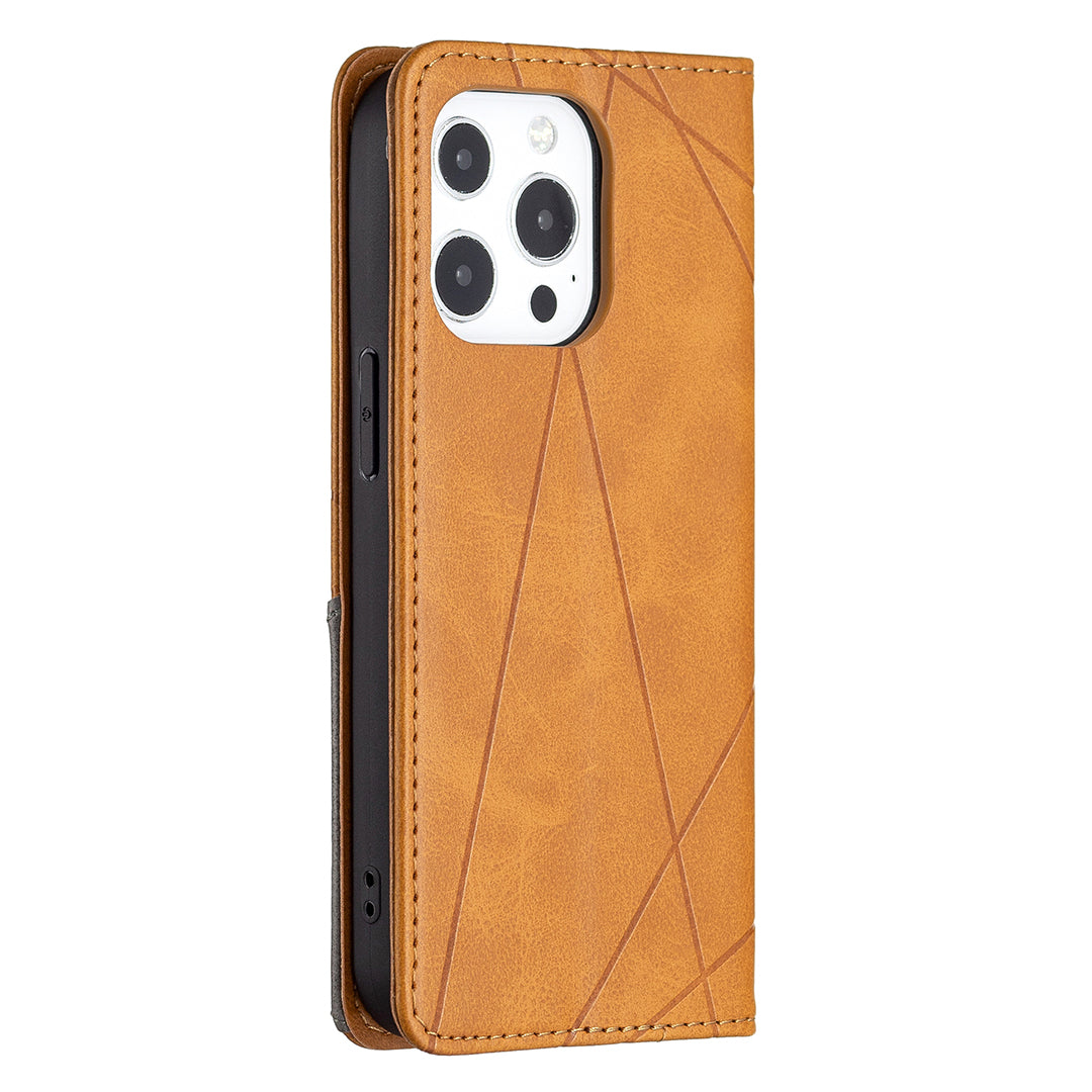 For iPhone 13 Pro 6.1 inch Strong Magnet Geometric Splicing Pattern Leather Case Card Holder Shell with Stand