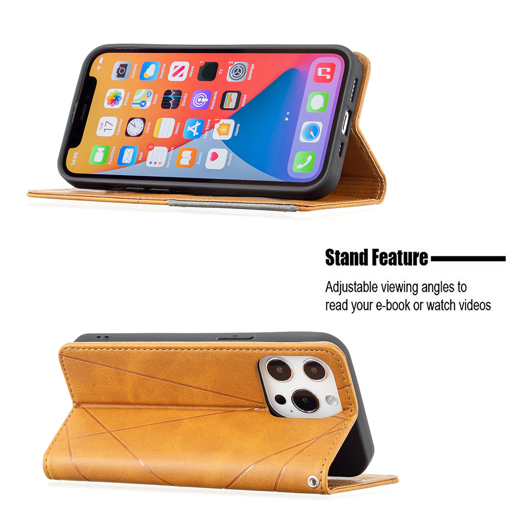 For iPhone 13 Pro 6.1 inch Strong Magnet Geometric Splicing Pattern Leather Case Card Holder Shell with Stand