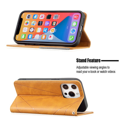 For iPhone 13 Pro 6.1 inch Strong Magnet Geometric Splicing Pattern Leather Case Card Holder Shell with Stand