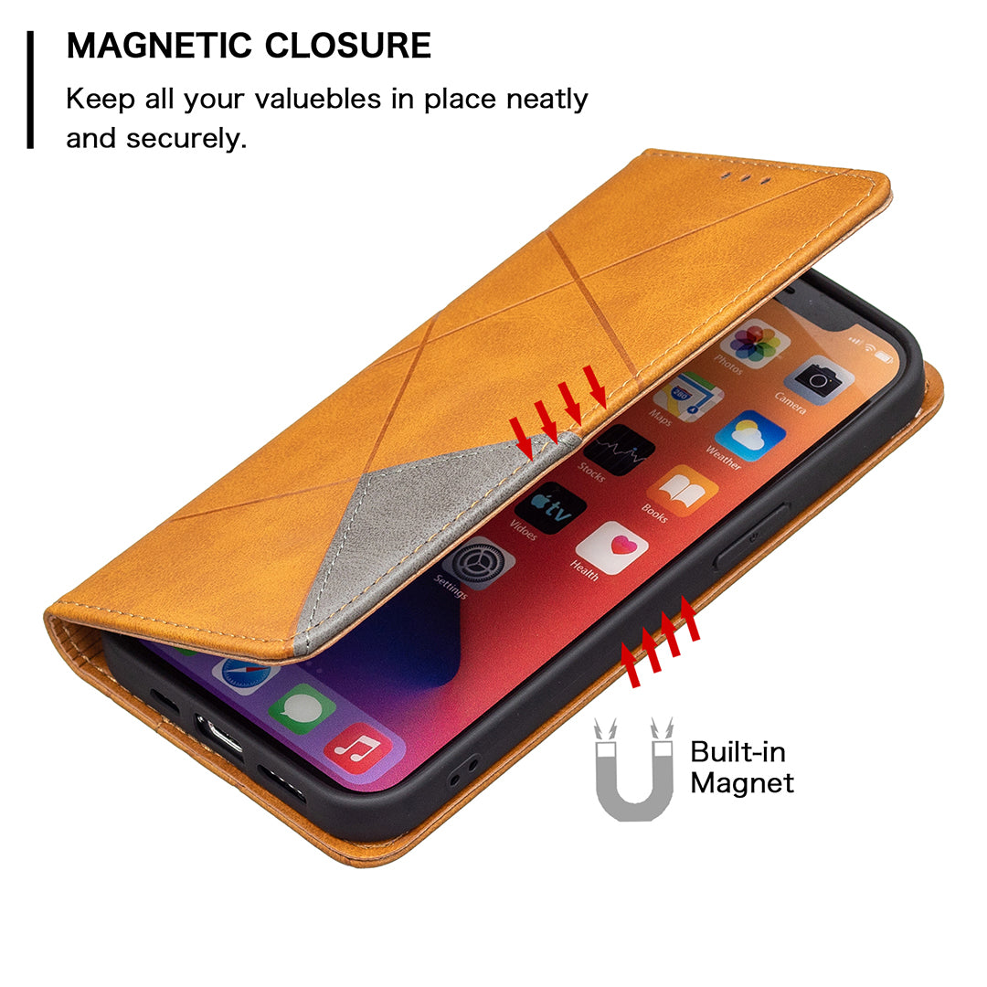 For iPhone 13 Pro 6.1 inch Strong Magnet Geometric Splicing Pattern Leather Case Card Holder Shell with Stand