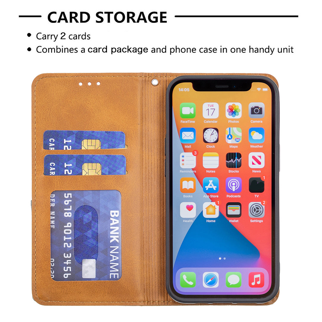 For iPhone 13 Pro 6.1 inch Strong Magnet Geometric Splicing Pattern Leather Case Card Holder Shell with Stand