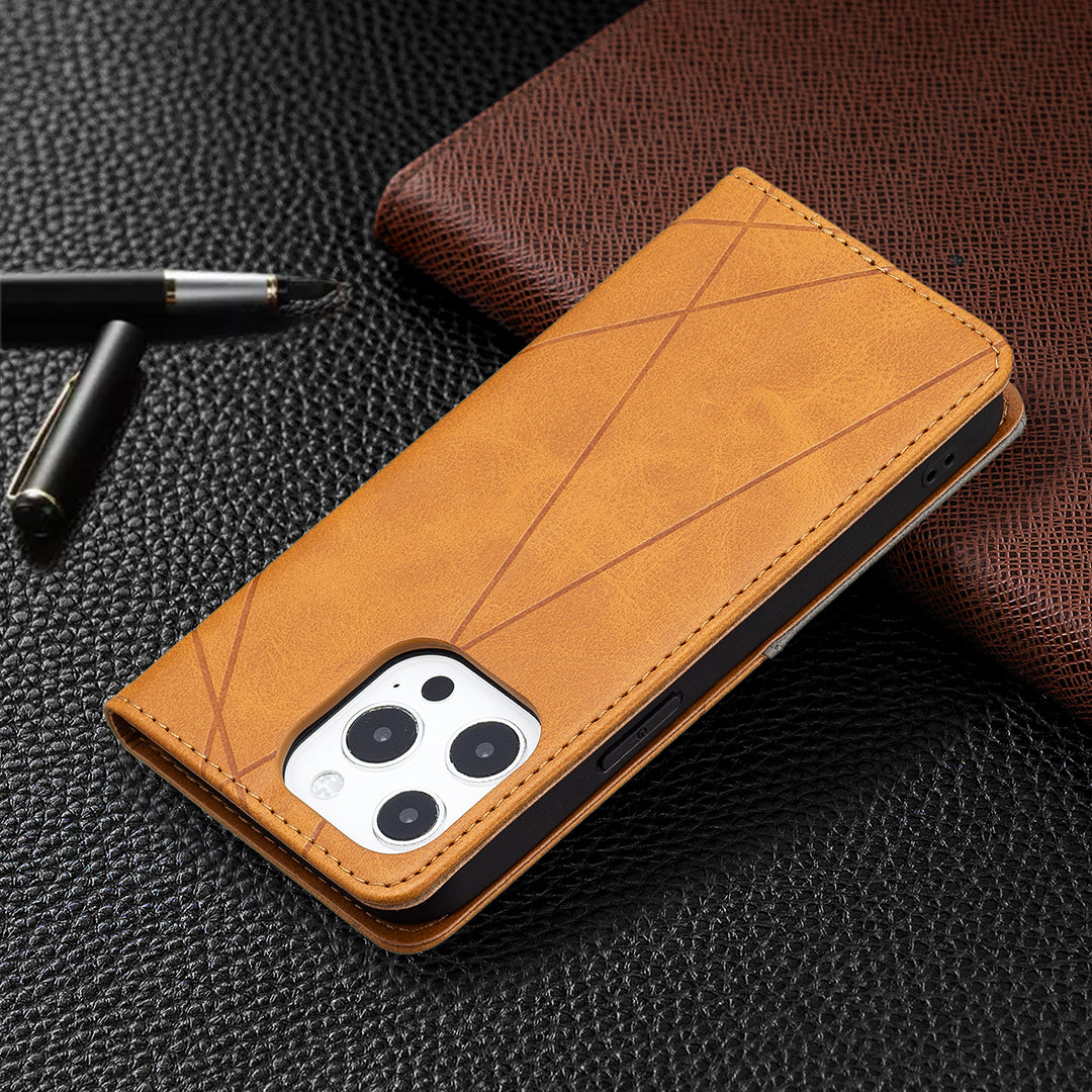 For iPhone 13 Pro 6.1 inch Strong Magnet Geometric Splicing Pattern Leather Case Card Holder Shell with Stand