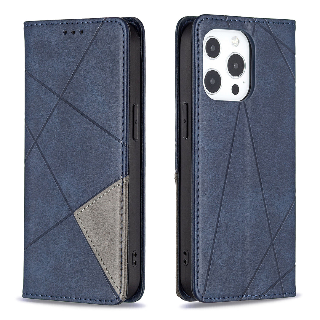 For iPhone 13 Pro 6.1 inch Strong Magnet Geometric Splicing Pattern Leather Case Card Holder Shell with Stand