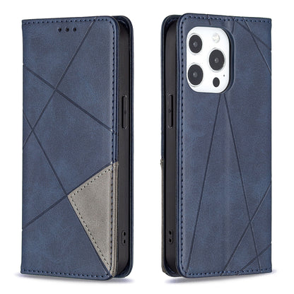 For iPhone 13 Pro 6.1 inch Strong Magnet Geometric Splicing Pattern Leather Case Card Holder Shell with Stand