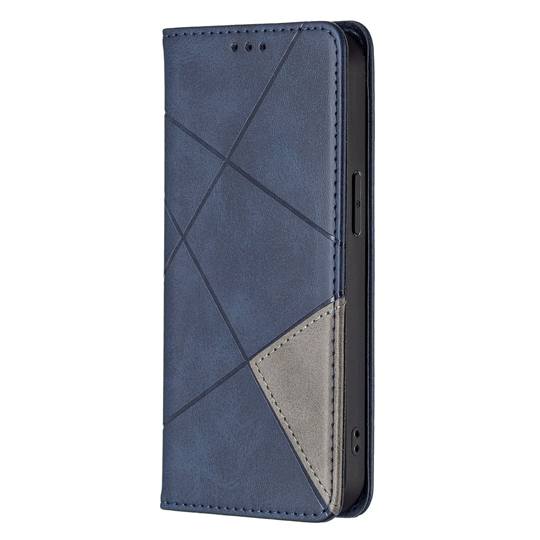 For iPhone 13 Pro 6.1 inch Strong Magnet Geometric Splicing Pattern Leather Case Card Holder Shell with Stand