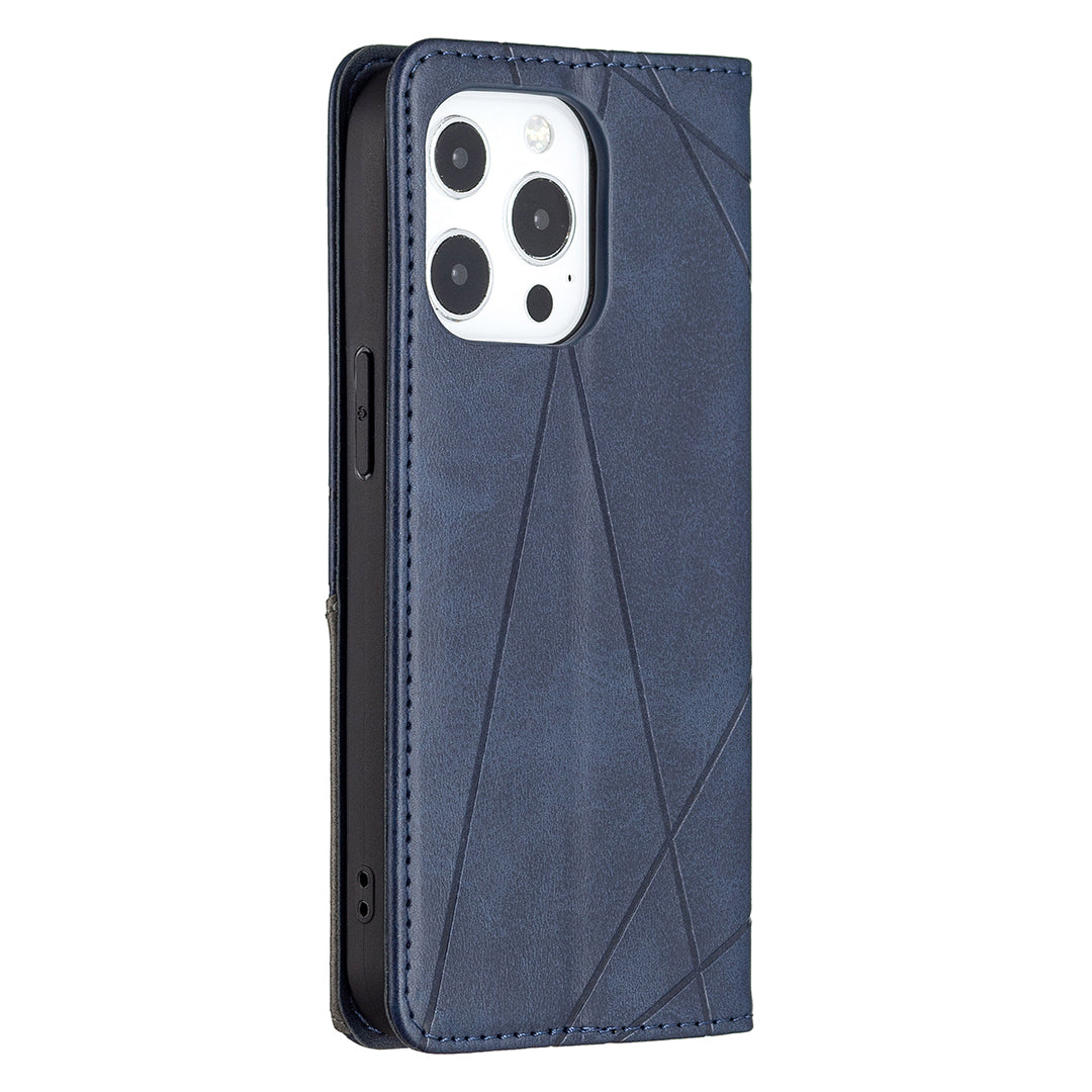 For iPhone 13 Pro 6.1 inch Strong Magnet Geometric Splicing Pattern Leather Case Card Holder Shell with Stand