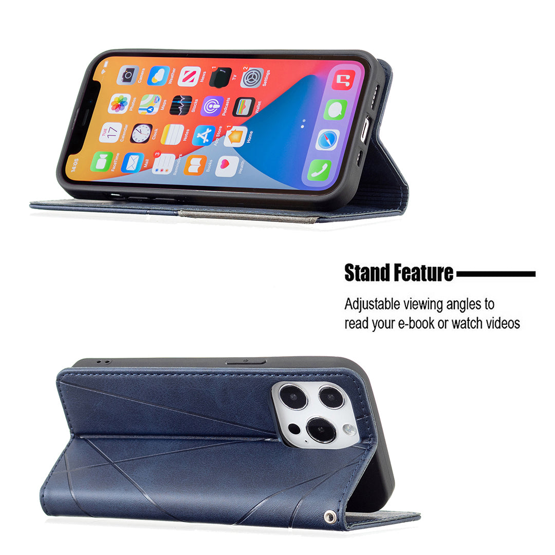 For iPhone 13 Pro 6.1 inch Strong Magnet Geometric Splicing Pattern Leather Case Card Holder Shell with Stand