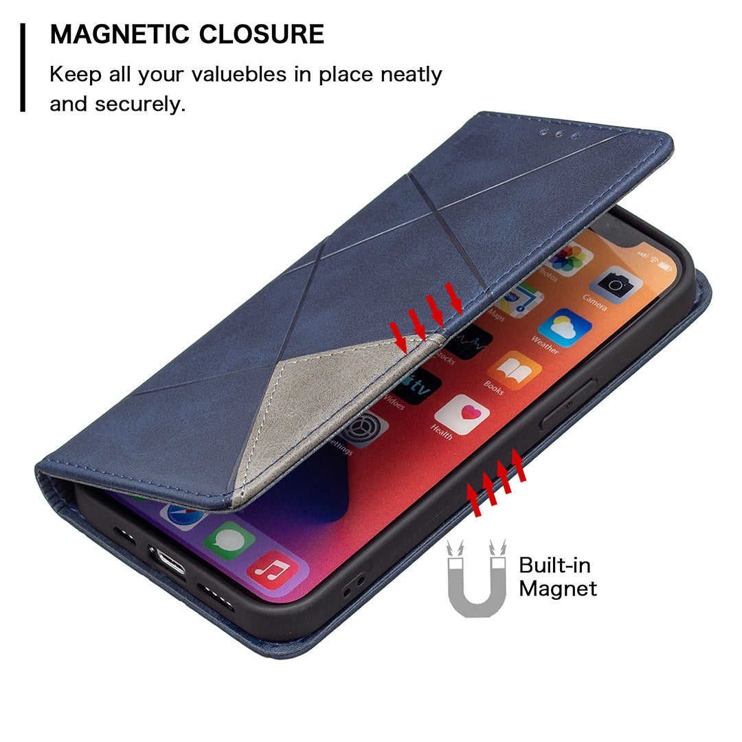 For iPhone 13 Pro 6.1 inch Strong Magnet Geometric Splicing Pattern Leather Case Card Holder Shell with Stand