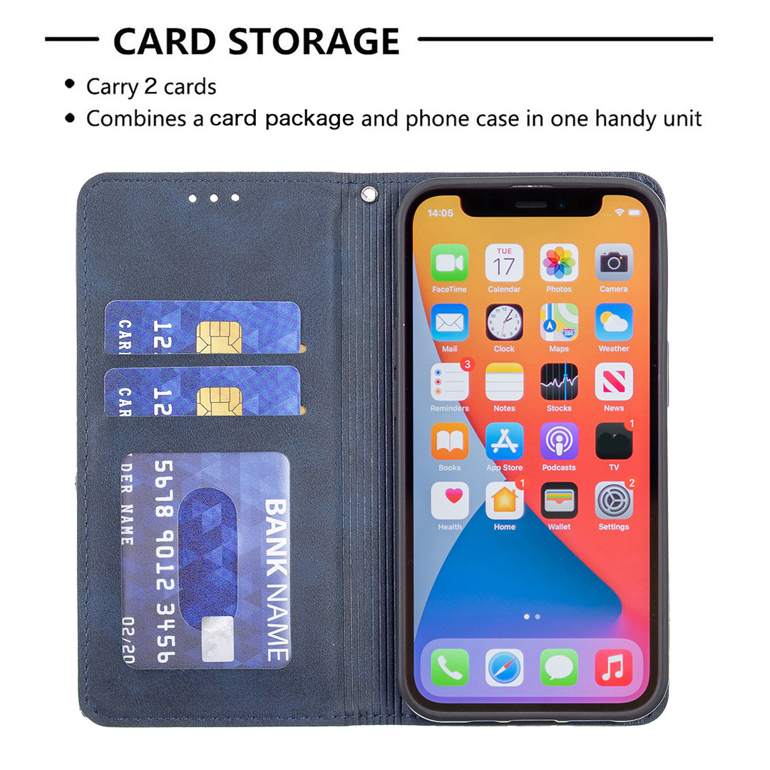 For iPhone 13 Pro 6.1 inch Strong Magnet Geometric Splicing Pattern Leather Case Card Holder Shell with Stand